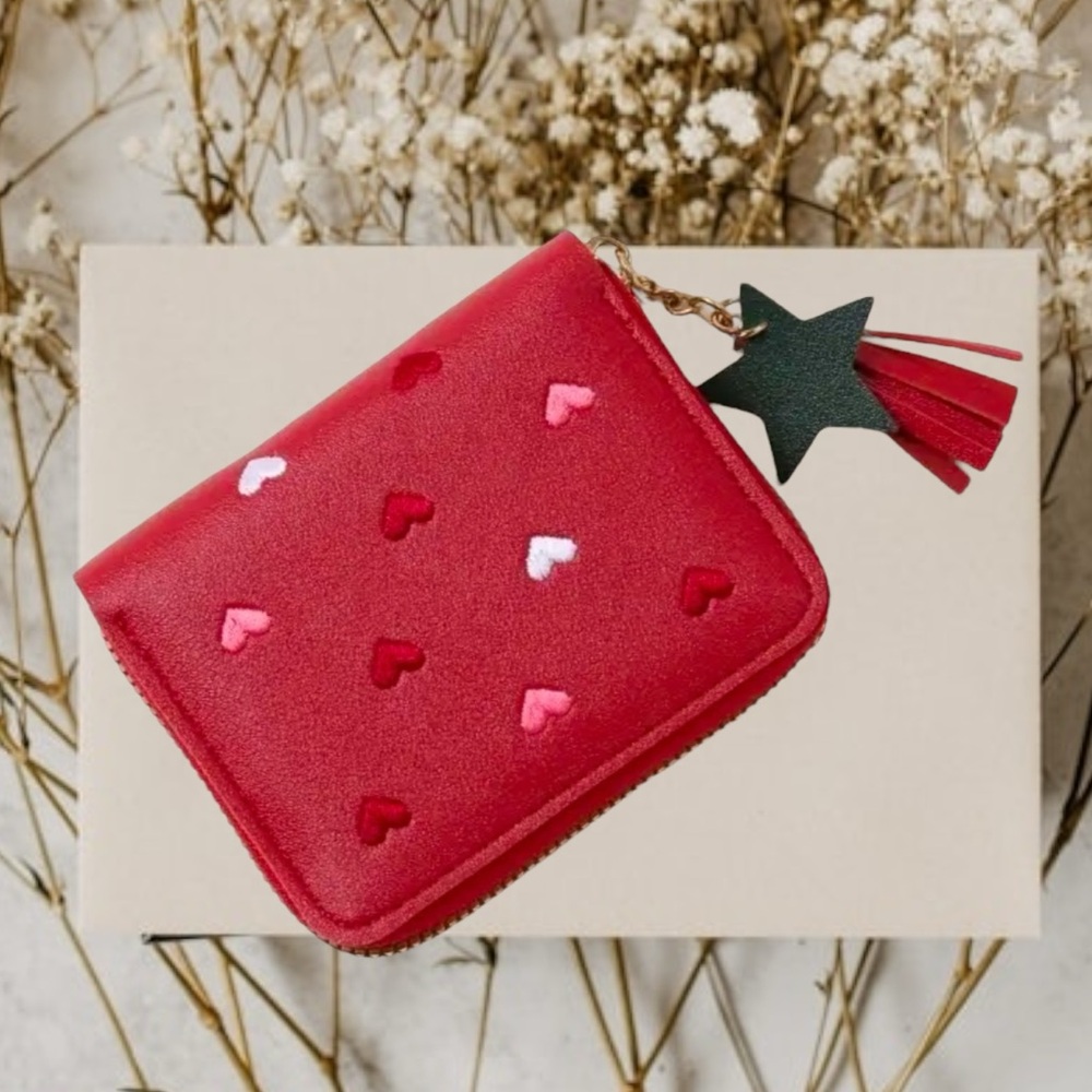 Red embroidered Hearts zip around card holder coin women Wallet tassel valentine